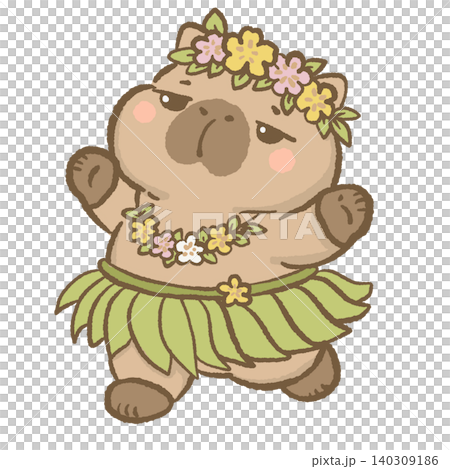 Cute Capybara Wearing Hawaiian Flower Crown And Grass Skirt Performing Tropical Hula Dance Island Vacation Character Illustration 140309186