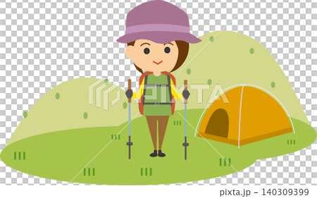 An illustration depicting a woman enjoying trekking. An illustration depicting a woman enjoying trekking. 140309399