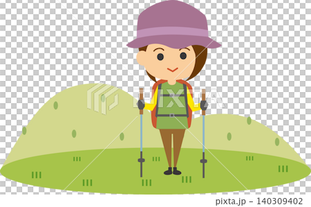 An illustration depicting a woman enjoying trekking. An illustration depicting a woman enjoying trekking. 140309402