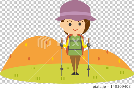 An illustration depicting a woman enjoying trekking. An illustration depicting a woman enjoying trekking. 140309408