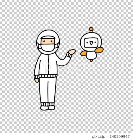 案内するAIロボットくんと工場作業員のイラスト 案内するAIロボットくんと工場作業員のイラスト 140309947
