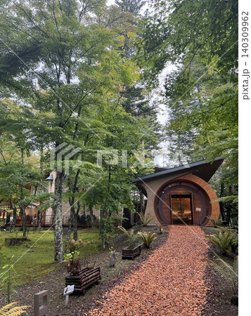 新緑の森に佇むモダンな建築と木チップのアプローチ 新緑の森に佇むモダンな建築と木チップのアプローチ 140309962