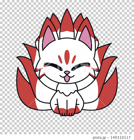 A simple, full-body illustration of a nine-tailed fox with its mouth open. A simple, full-body illustration of a nine-tailed fox with its mouth open. 140310117