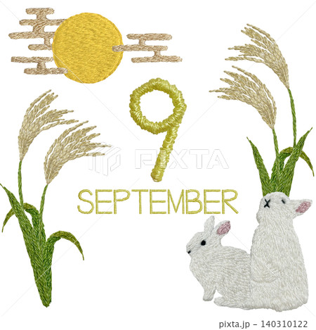 【9月ウサギと満月とススキ】手刺繍イラスト素材 【9月ウサギと満月とススキ】手刺繍イラスト素材 140310122