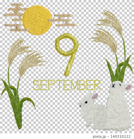 【9月ウサギと満月とススキ】手刺繍イラスト素材 【9月ウサギと満月とススキ】手刺繍イラスト素材 140310122