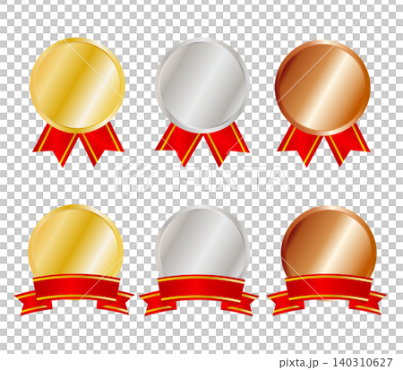 Gold, silver, and bronze medal frame set with ribbon and title. Gold, silver, and bronze medal frame set with ribbon and title. 140310627