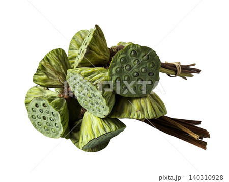 Fresh green lotus seed pods tied in a bunch, isolated on a pure white background. Fresh green lotus seed pods tied in a bunch, isolated on a pure white background. 140310928