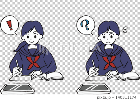 A set of illustrations of female students in sailor uniforms struggling with or having flashes of inspiration while studying for cram school or entrance exams. A set of illustrations of female students in sailor uniforms struggling with or having flashes of inspiration while studying for cram school or entrance exams. 140311174