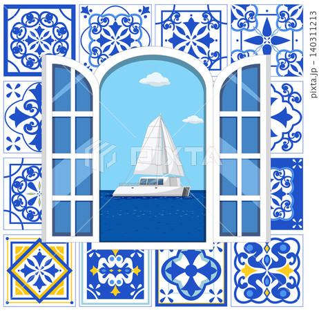 Sailing Catamaran View Through Arched Window with Mediterranean Blue Tiles Sailing Catamaran View Through Arched Window with Mediterranean Blue Tiles 140311213