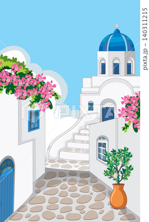 Mediterranean Village Street with White Houses and Blue Dome Church 140311215