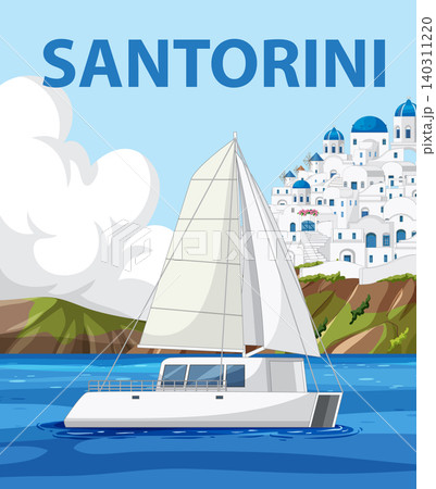 Sailboat Cruising Near Mediterranean Coastal Village with Blue Domed Architecture Sailboat Cruising Near Mediterranean Coastal Village with Blue Domed Architecture 140311220