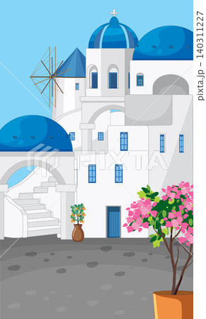Vector Illustration of Traditional Mediterranean White Buildings with Blue Domes 140311227