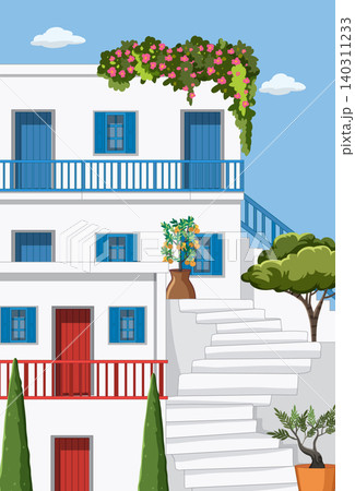Mediterranean Style White Building with Blue Shutters and Winding Stairs 140311233