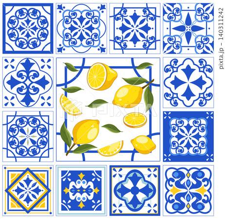 Mediterranean Blue and White Ceramic Tiles with Fresh Yellow Lemons Mediterranean Blue and White Ceramic Tiles with Fresh Yellow Lemons 140311242