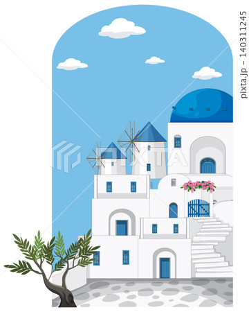 Vector Illustration of a Mediterranean Coastal Town with Windmills and Stairs 140311245