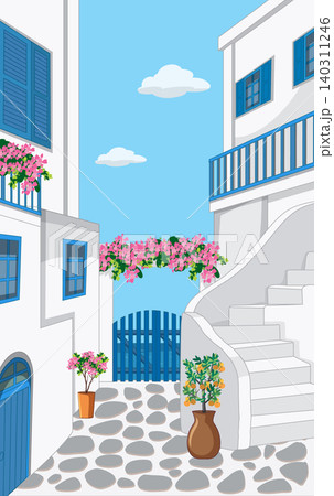 Scenic Mediterranean alleyway with white architecture and vibrant blue accents 140311246