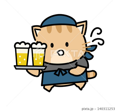 飲み物を運ぶ居酒屋店員の猫キャラクター 140311253
