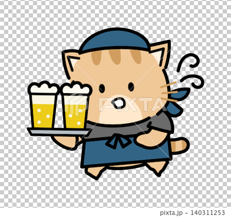 飲み物を運ぶ居酒屋店員の猫キャラクター 140311253