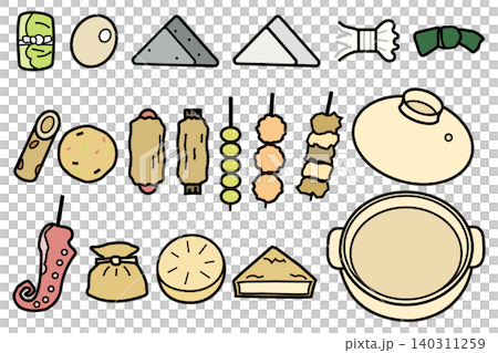 A set of illustrations of oden ingredients and an empty pot. A set of illustrations of oden ingredients and an empty pot. 140311259