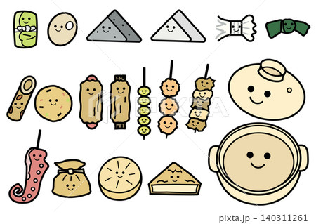 キャラクター化したおでんの具材と空の鍋のイラストセット キャラクター化したおでんの具材と空の鍋のイラストセット 140311261