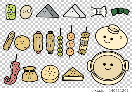 キャラクター化したおでんの具材と空の鍋のイラストセット キャラクター化したおでんの具材と空の鍋のイラストセット 140311261