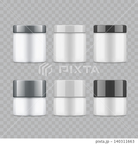 White Cosmetic Jar Mockup Set with Caps Vector White Cosmetic Jar Mockup Set with Caps Vector 140311663