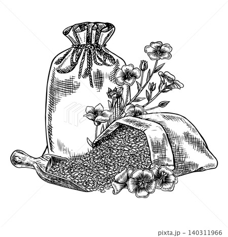 Flax seeds in burlap bags and flax flowers. Black and white, graphic, vector, and hand-drawn illustrations. Design elements for labels and packaging, as well as banners, posters, and more Flax seeds in burlap bags and flax flowers. Black and white, graphic, vector, and hand-drawn illustrations. Design elements for labels and packaging, as well as banners, posters, and more 140311966