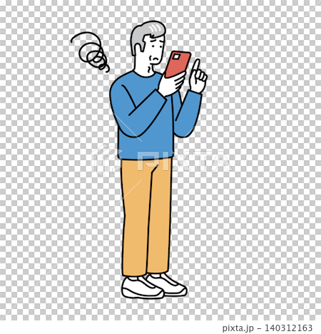 An illustration of a senior man looking confused while using his smartphone; representing digital troubles, operating errors, and worries. An illustration of a senior man looking confused while using his smartphone; representing digital troubles, operating errors, and worries. 140312163