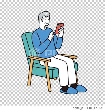 An illustration of a senior man sitting in a chair and using his smartphone. Home, relaxation, digital life. An illustration of a senior man sitting in a chair and using his smartphone. Home, relaxation, digital life. 140312164
