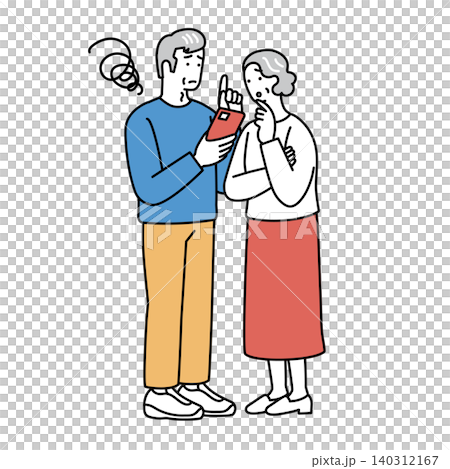 An illustration of a senior man and woman struggling with smartphone operation; digital troubles, couples, worries. An illustration of a senior man and woman struggling with smartphone operation; digital troubles, couples, worries. 140312167