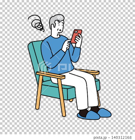 一幅插圖，描繪了一位坐在椅子上的老人，他正對著智慧型手機一臉困惑。 （相關主題：家庭、電子產品問題、焦慮） 140312168