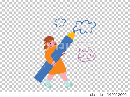 一幅女孩用色鉛筆畫畫的插圖。 一幅女孩用色鉛筆畫畫的插圖。 140312603