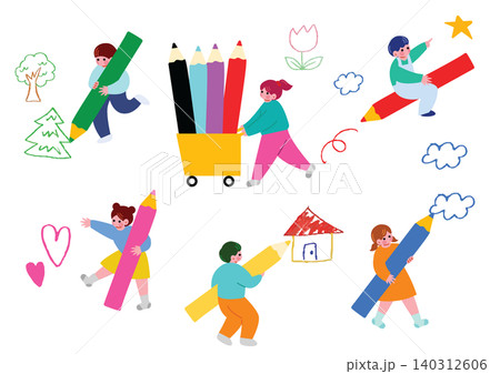 色鉛筆で絵を描く子供たちのイラストセット 色鉛筆で絵を描く子供たちのイラストセット 140312606