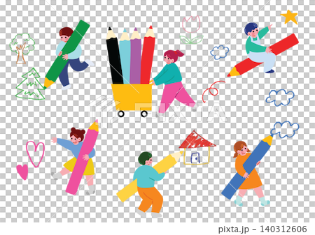 色鉛筆で絵を描く子供たちのイラストセット 色鉛筆で絵を描く子供たちのイラストセット 140312606