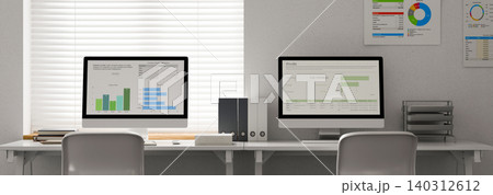3D rendering of business analysis workspace interior with a desk, computer, and chair Atmospheric Workspace 3D rendering of business analysis workspace interior with a desk, computer, and chair Atmospheric Workspace 140312612