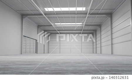 Empty industrial warehouse interior with metal structure and large open space 3D render 140312631