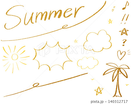 ゴールド手書きのSummerロゴと夏のあしらいセット ゴールド手書きのSummerロゴと夏のあしらいセット 140312717