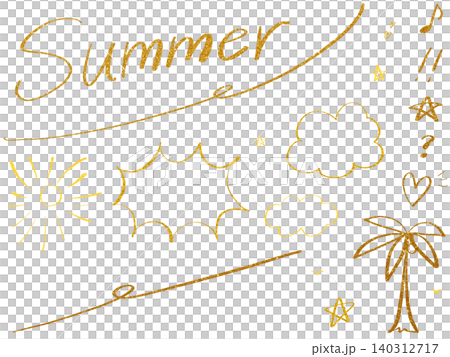 ゴールド手書きのSummerロゴと夏のあしらいセット ゴールド手書きのSummerロゴと夏のあしらいセット 140312717