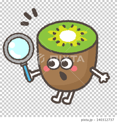 A cute green kiwi character being observed with a magnifying glass. A cute green kiwi character being observed with a magnifying glass. 140312737