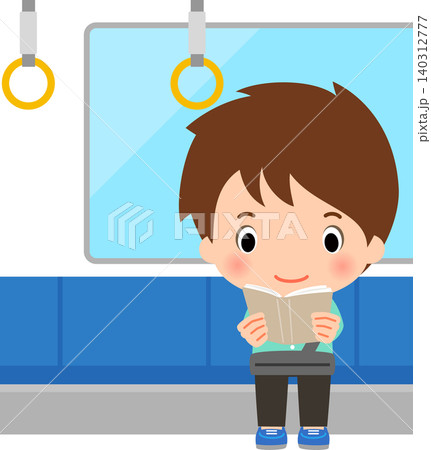 電車のシートに座り本を読んでいる若い男性 電車のシートに座り本を読んでいる若い男性 140312777