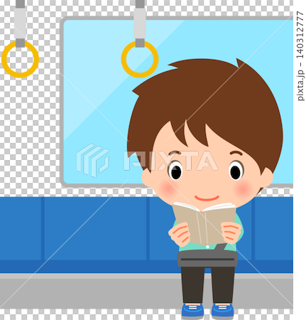 A young man sitting on a train seat reading a book. A young man sitting on a train seat reading a book. 140312777