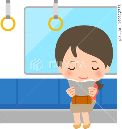 電車のシートに座り本を読んでいる若い女性 140312778