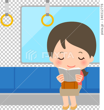 電車のシートに座り本を読んでいる若い女性 140312778