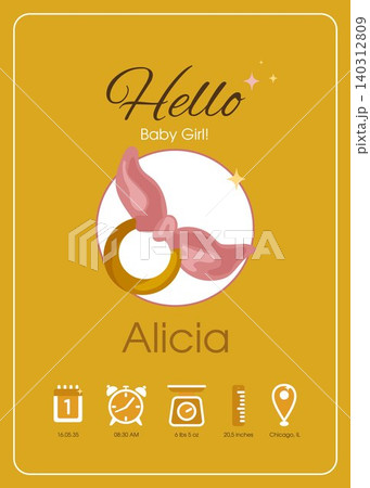Baby girl birth announcement card with pacifier, stats icons and golden background. Cute newborn template for nursery poster. Baby girl birth announcement card with pacifier, stats icons and golden background. Cute newborn template for nursery poster. 140312809
