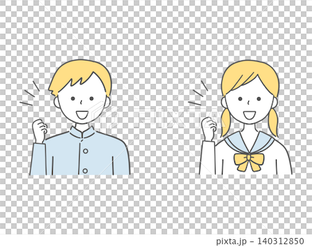 笑顔でガッツポーズをする男女の学生単色 笑顔でガッツポーズをする男女の学生単色 140312850