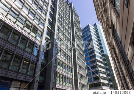 Low angle view of corporate office buildings and urban architecture 140313098