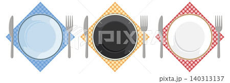 Three Place Settings with Colorful Plates and Napkins Three Place Settings with Colorful Plates and Napkins 140313137