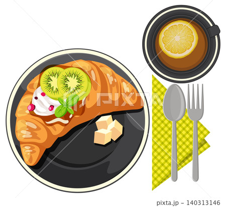 Breakfast Croissant with Kiwi and Lemon Tea Overhead Breakfast Croissant with Kiwi and Lemon Tea Overhead 140313146