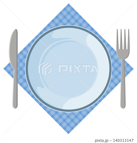 Empty Plate with Cutlery on Blue Checkered Napkin Empty Plate with Cutlery on Blue Checkered Napkin 140313147
