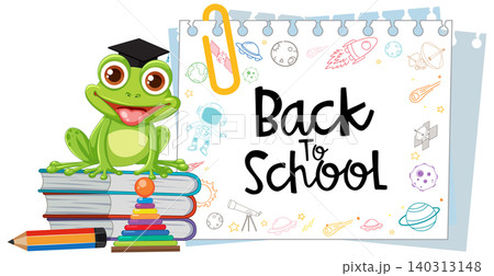 Cute Cartoon Frog on Books with Back to School Notepad Message Cute Cartoon Frog on Books with Back to School Notepad Message 140313148